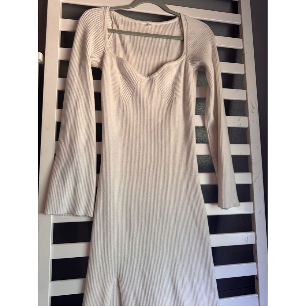 Cream Ribbed Long Sleeve Midi Dress